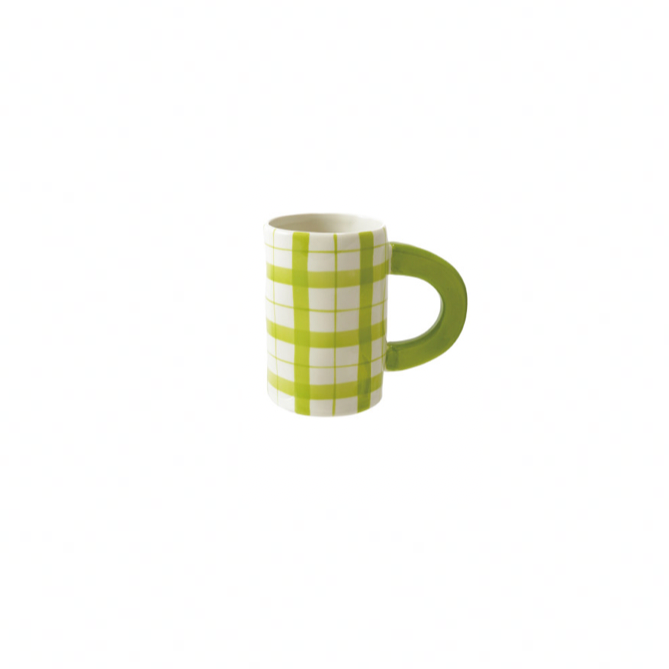 Hand-Painted Stoneware Mug w/ Plaid Pattern - green