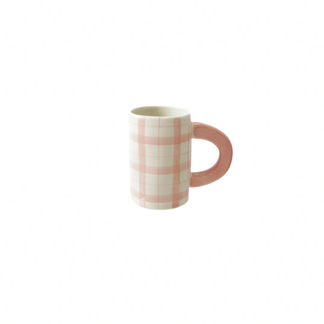Hand-Painted Stoneware Mug w/ Plaid Pattern - Pink