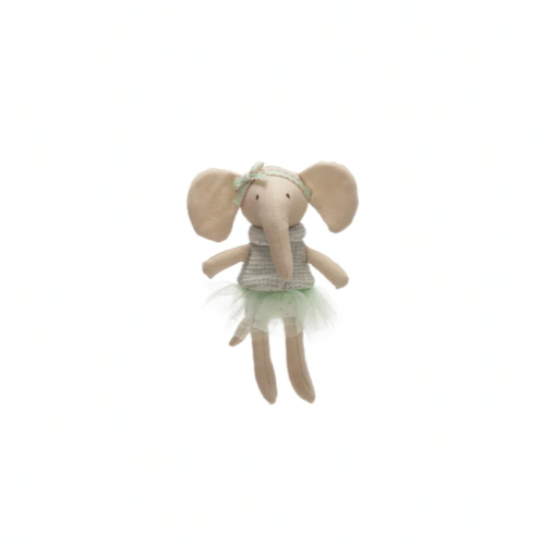 Small stuffed elephant with a black lid on a white background
