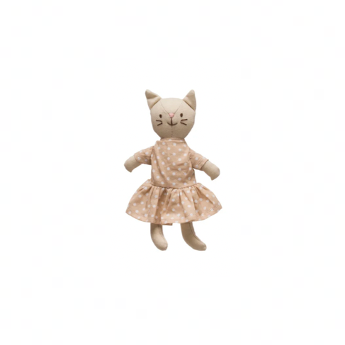 Small beige stuffed animal cat on a white background