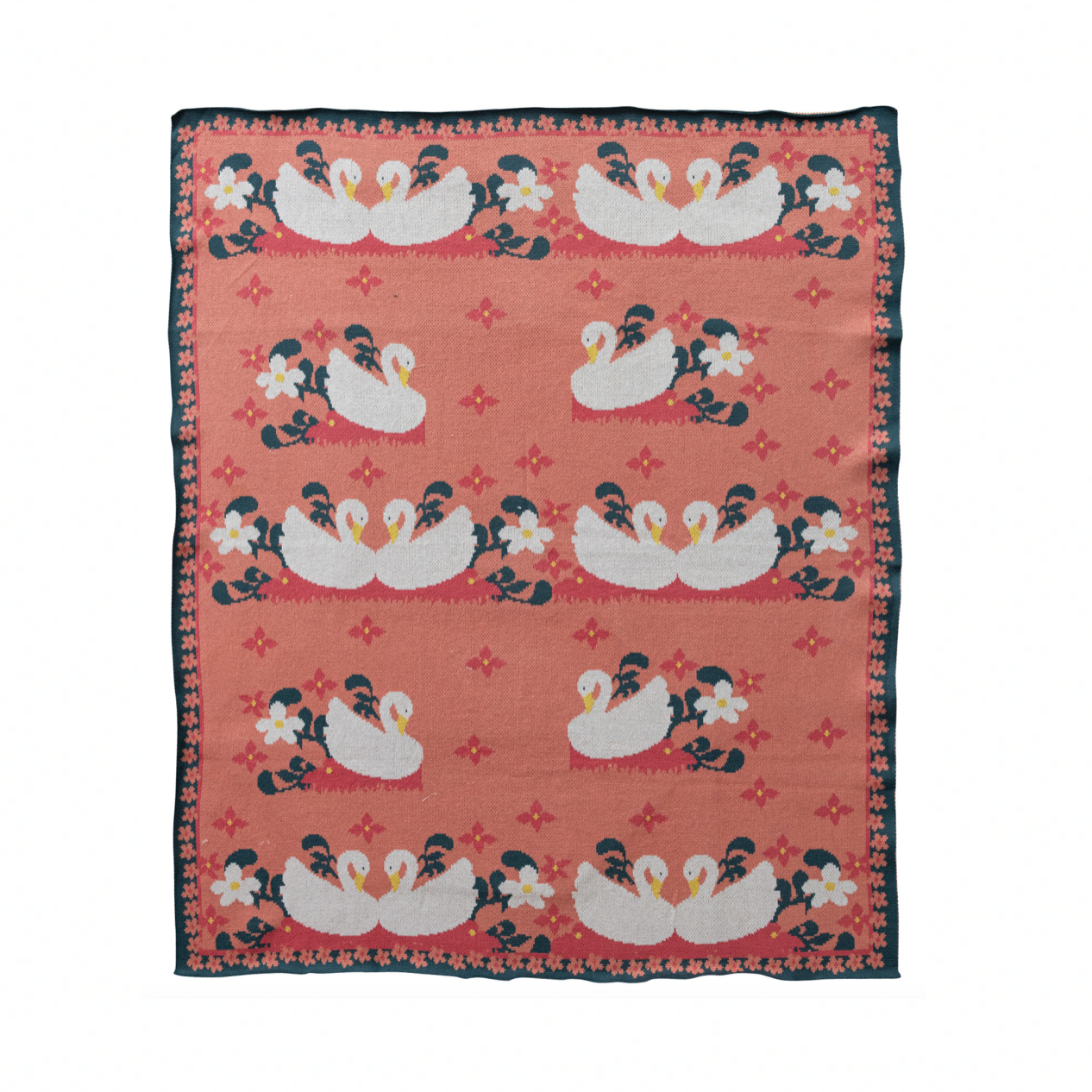 Cotton Knit Baby Blanket with Swans & Flowers