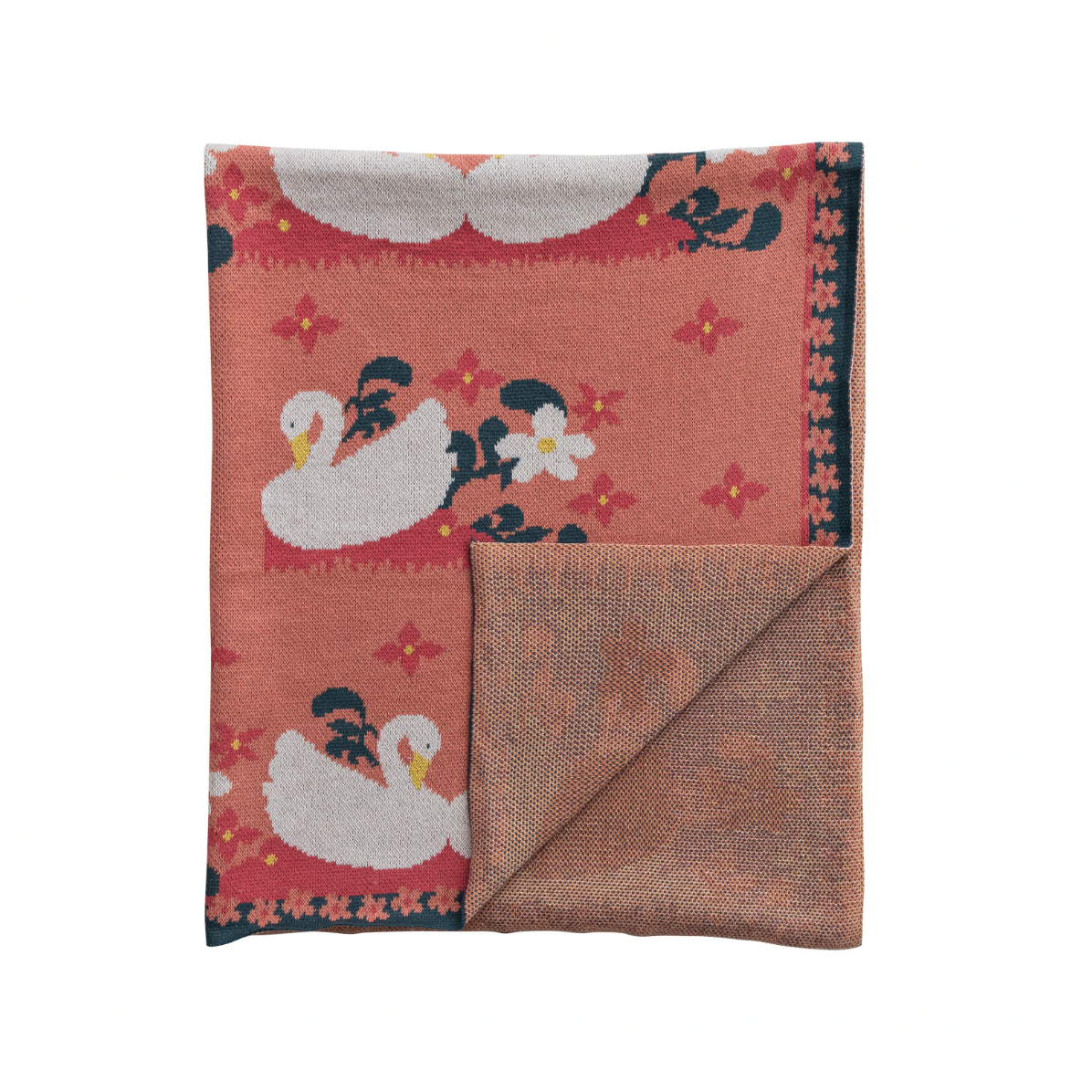 Cotton Knit Baby Blanket with Swans & Flowers