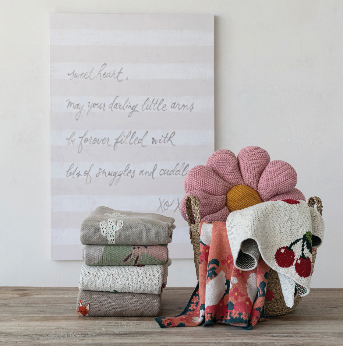 Cotton Knit Baby Blanket with Swans & Flowers