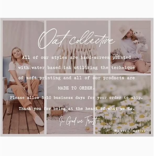 Collage of a woman sitting on a couch with text about Oat Collective's product manufacturing process.