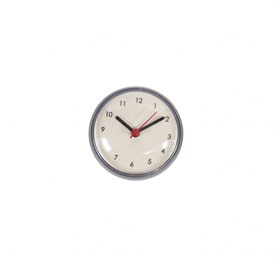 Grey Round wall clock with black hands on a white background. 
