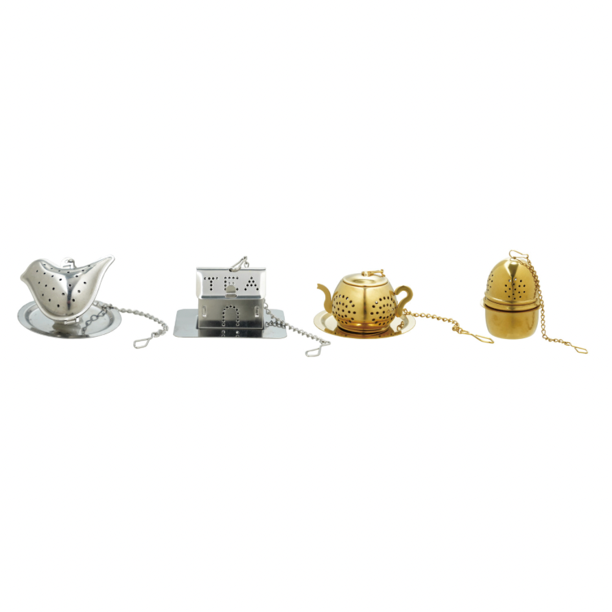 Set of four metal tea infusers on a white background