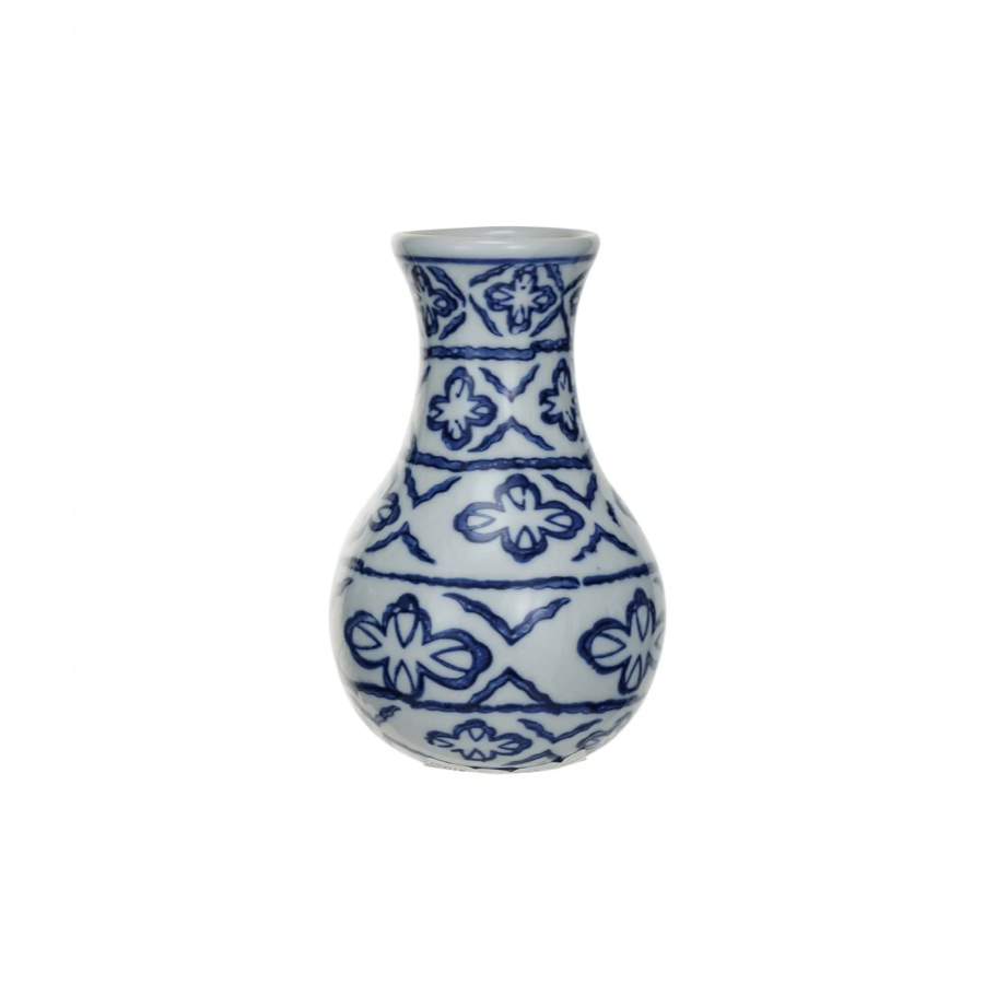 Ceramic vase with blue floral  abstract patterns on a white background