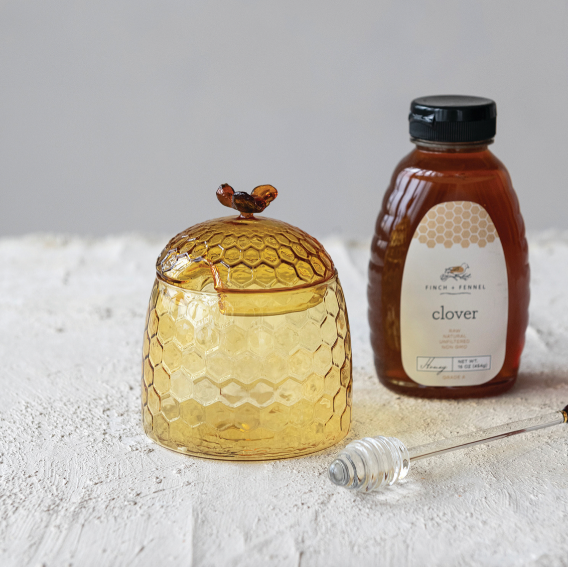 Glass Honey Jar with Bee Finial, Honey Dipper & Lid