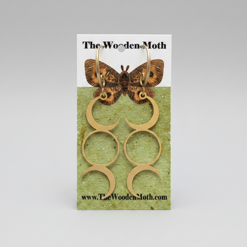 The Wooden Moth Brass Earrings Gold Moon Cycles
