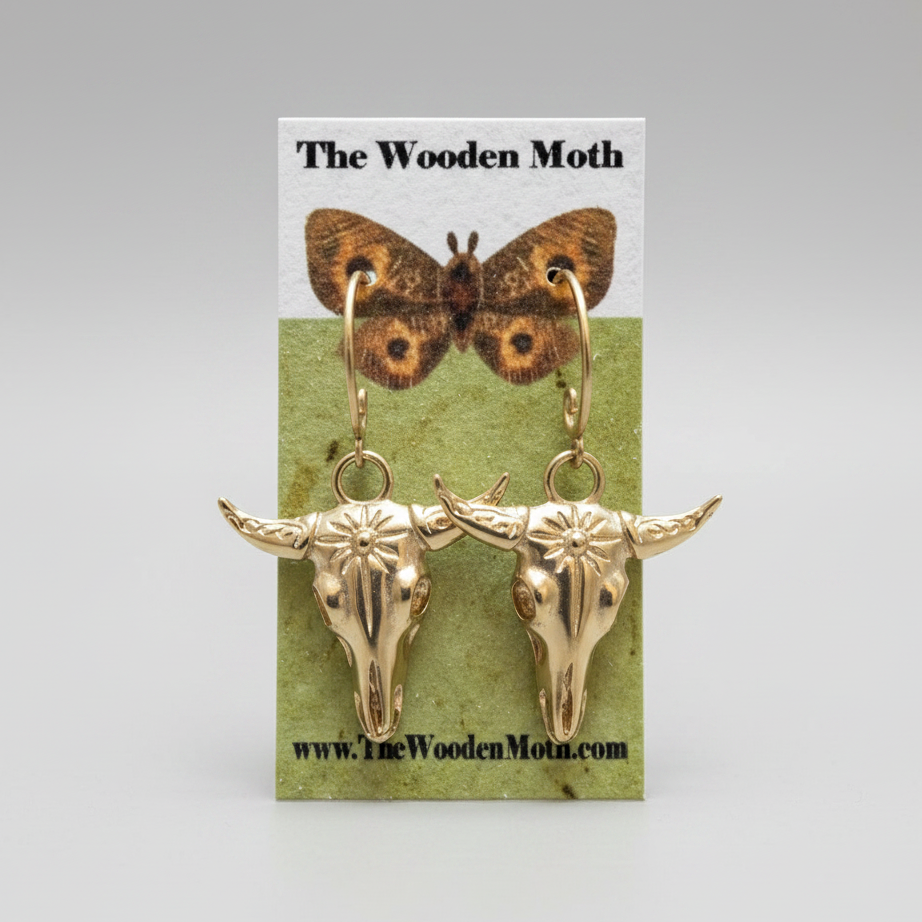 The Wooden Moth Brass Earrings Bull Skull