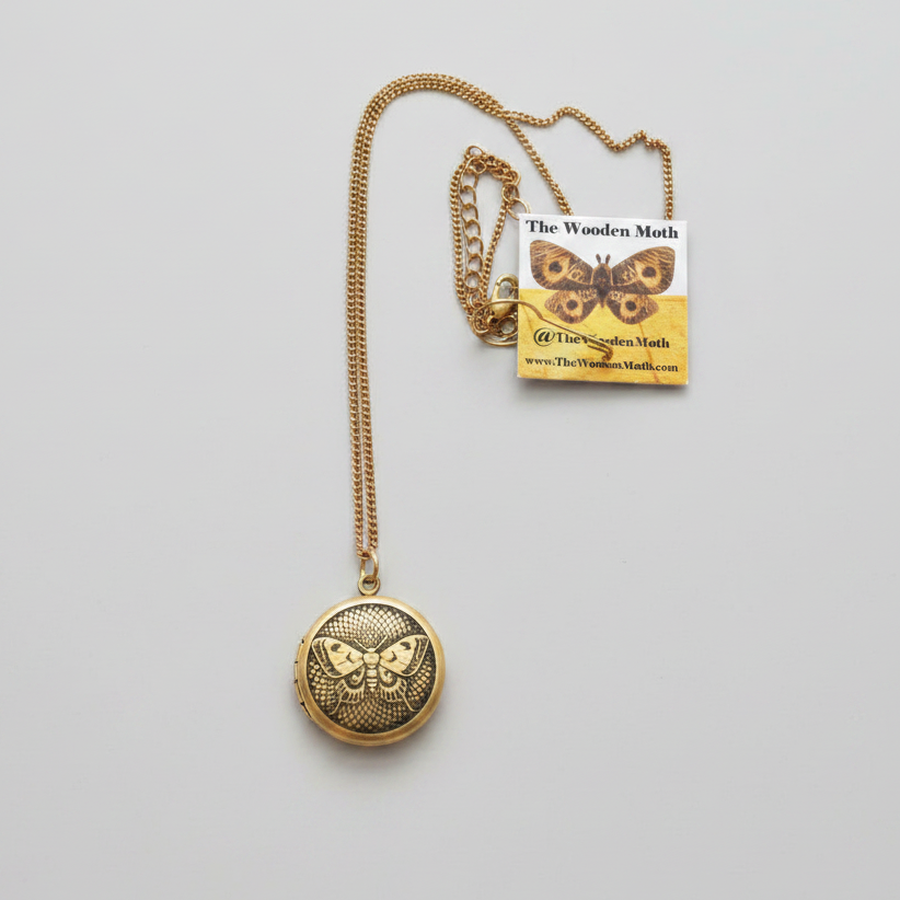 Engraved Brass Locket W/Chain 20mm Moth on Sunflower