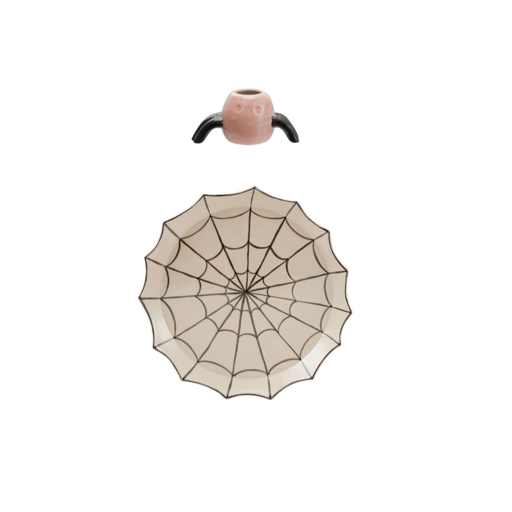 Stoneware Spider Web Platter with spider shaped toothpick holder