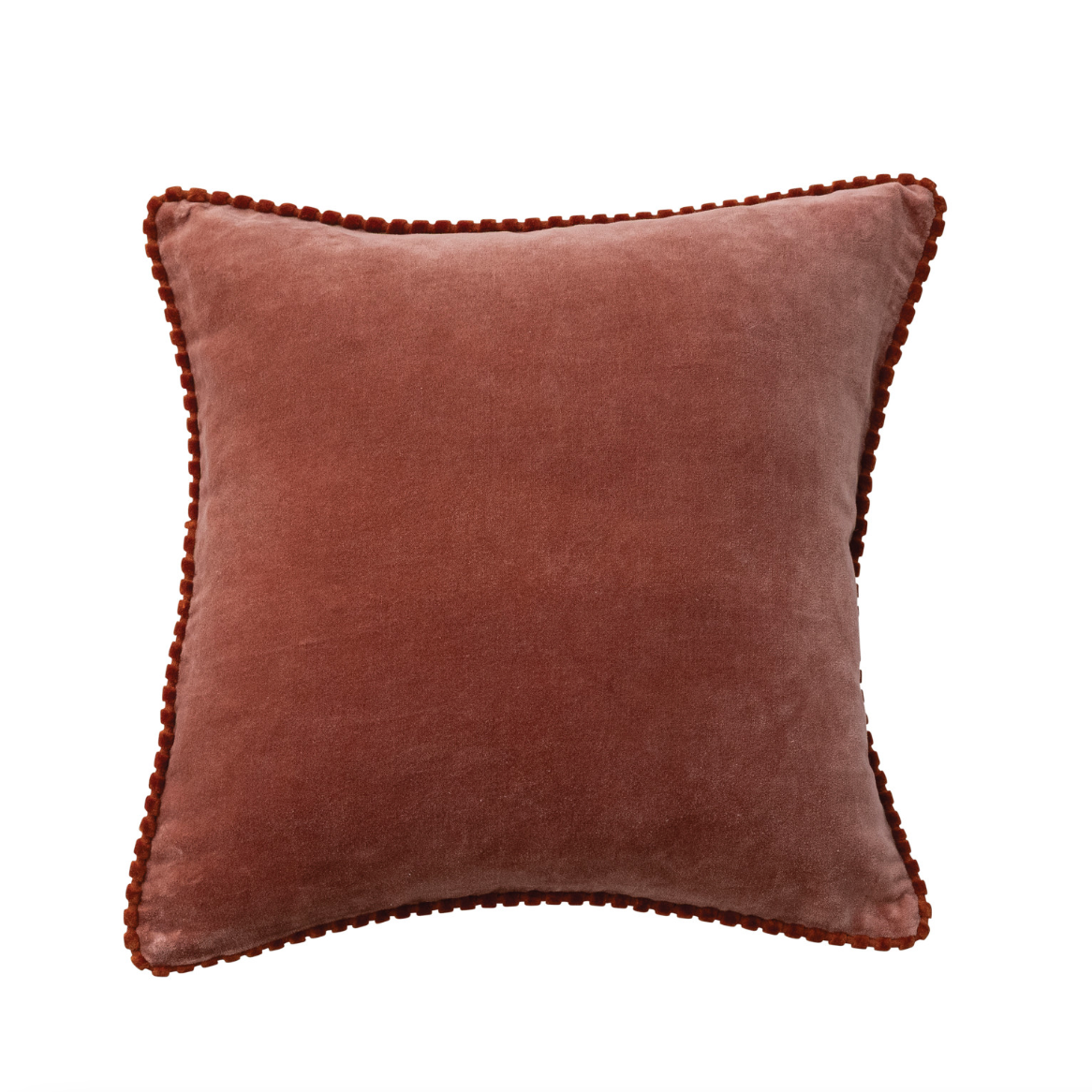 A square velvet throw pillow in a dusty rose-brown color, finished with a decorative pom-pom trim along the edges, shown against a plain white background.