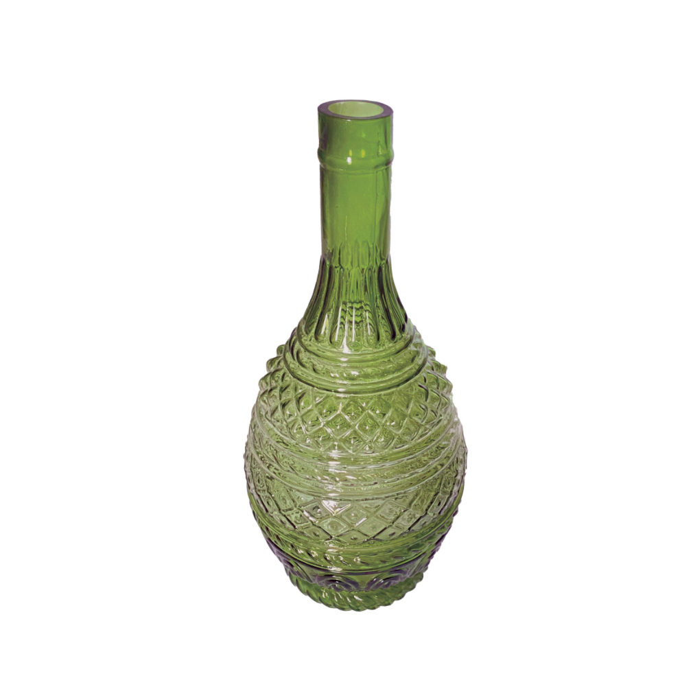A green cut-glass bottle vase with a textured diamond pattern and a narrow neck, shown on a plain white background.