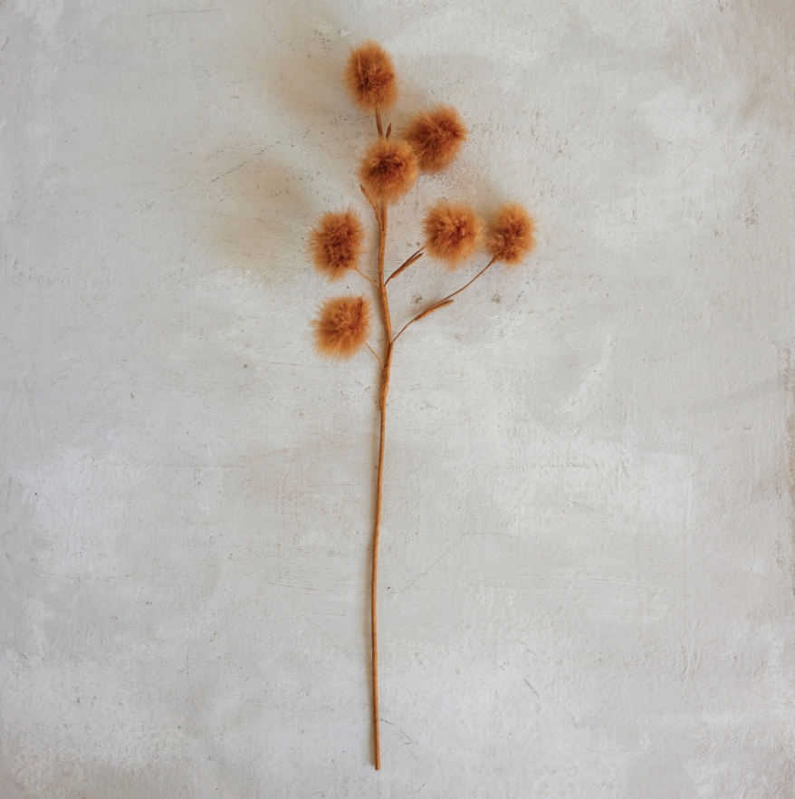 A single dried decorative stem with five fluffy golden-brown seed heads on a long brown stalk, photographed against a textured off-white wall. Brown Feather Pom Poms Spray