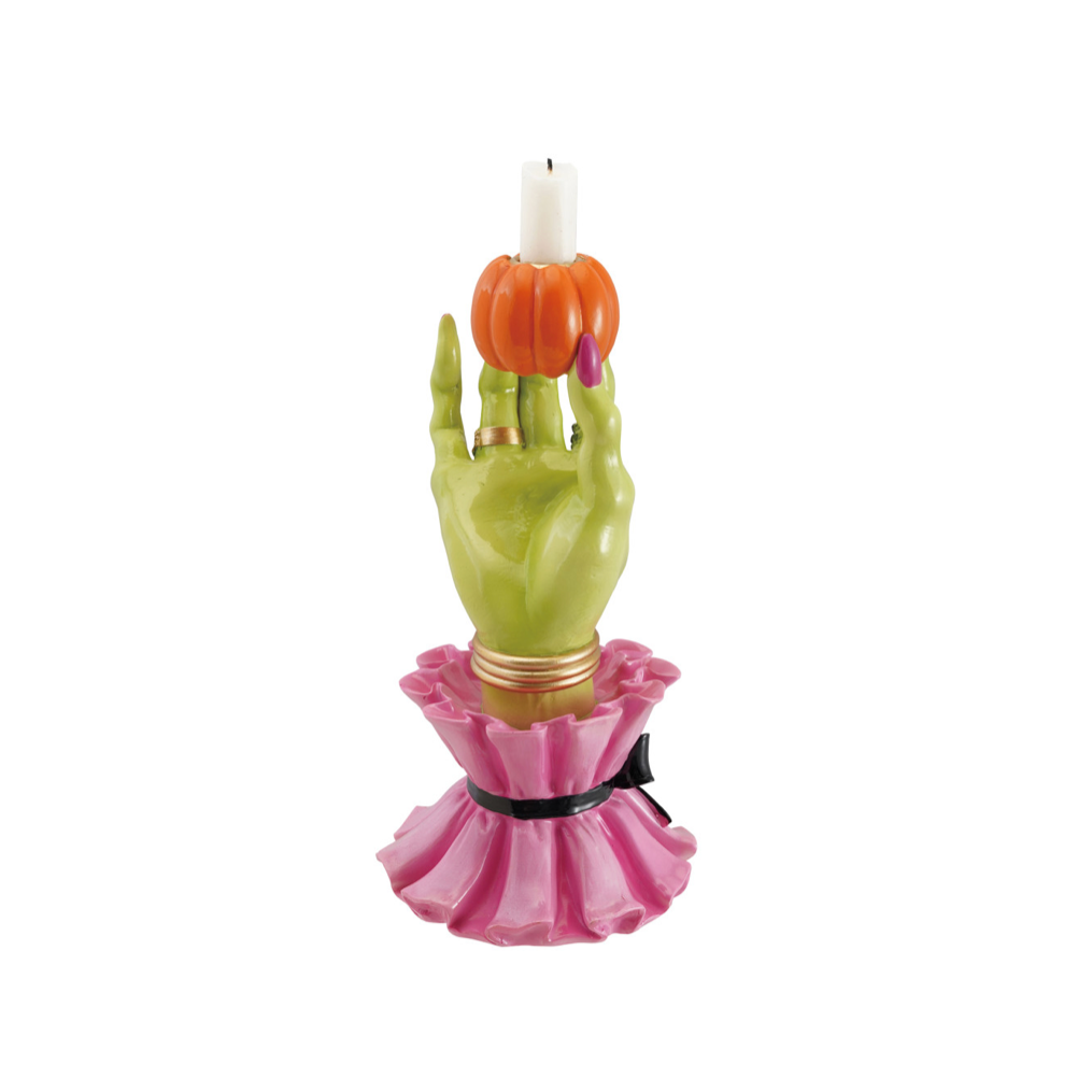 Witch hand taper with candle in it & gold bracelet 