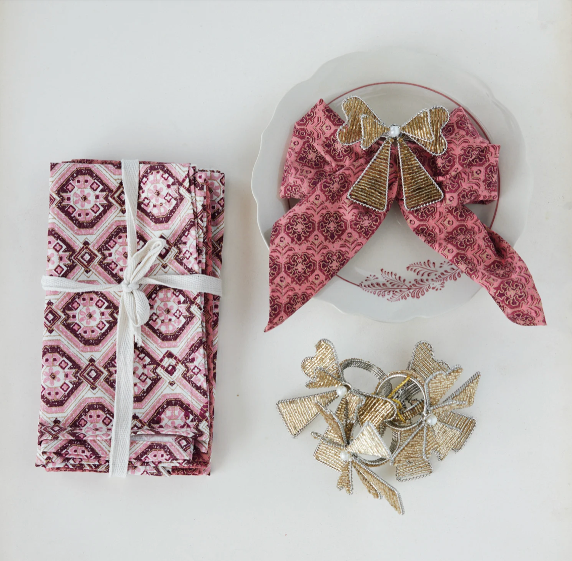 Handmade Metal & Glass Beaded Bow Napkin Rings