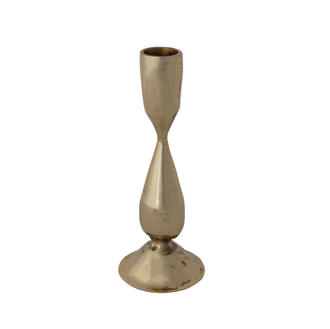 A single brass candlestick holder with a textured, distressed metallic finish, shown on a plain white background.