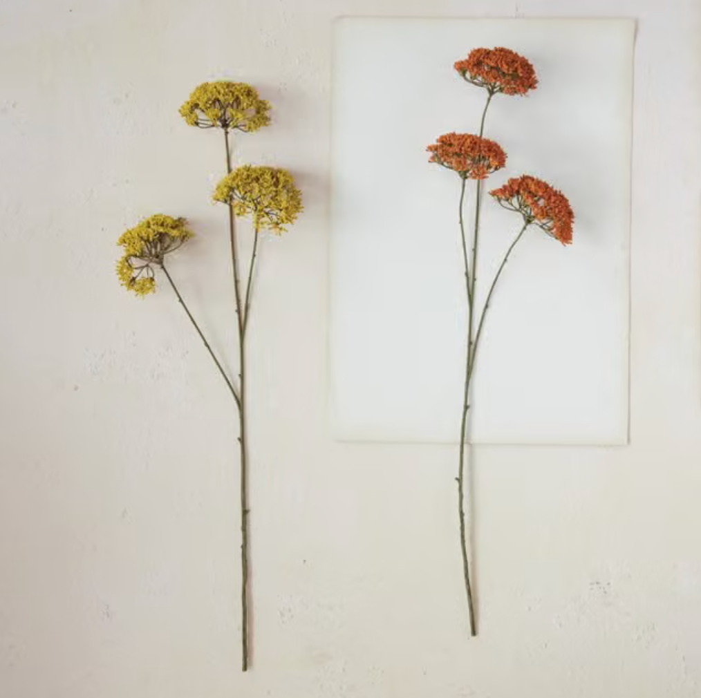 Two dried flower stems displayed against a textured off-white wall, with one stem featuring small yellow flower clusters and the other featuring orange-red flower clusters, alongside a white rectangular card.