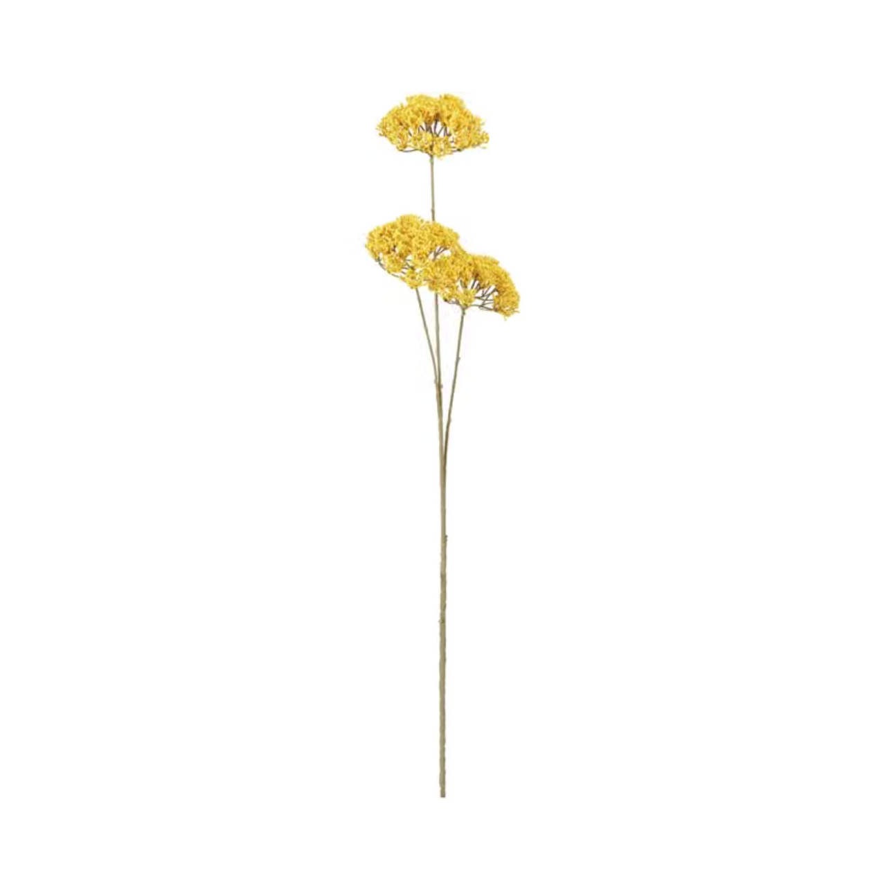 A single artificial yellow flower stem with two small round flower clusters on a long thin stem, centered on a plain white background.