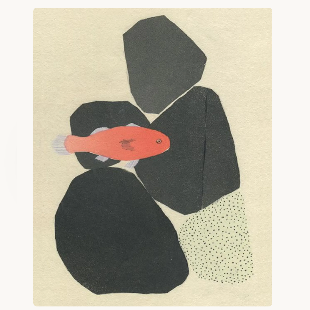 An abstract art print featuring a stylized red fish swimming between large black and dark gray rocks on a textured beige background, presented on a clean white backdrop.