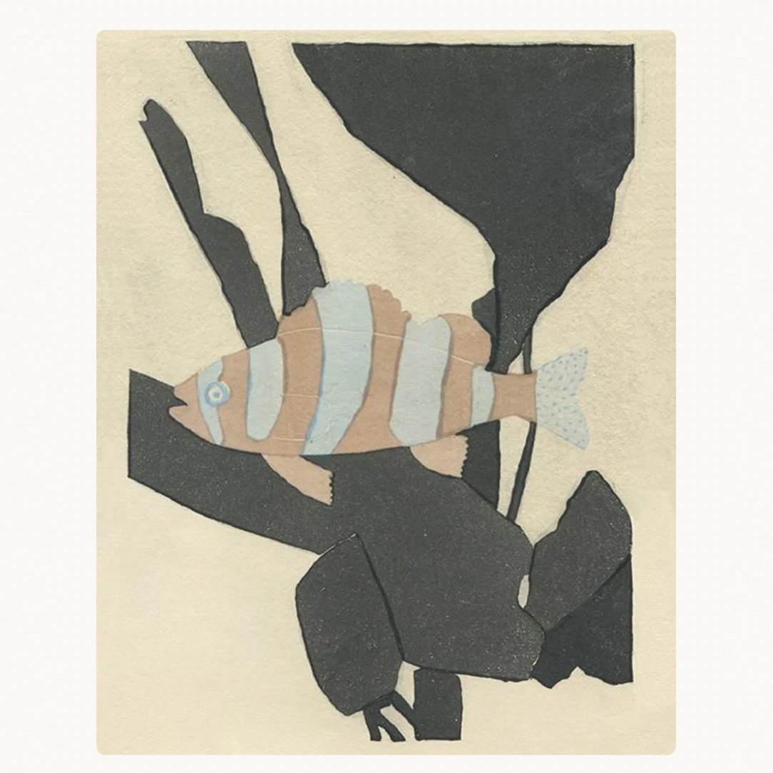 A minimalist art print featuring a striped fish swimming among abstract dark rock formations on a warm cream background.
