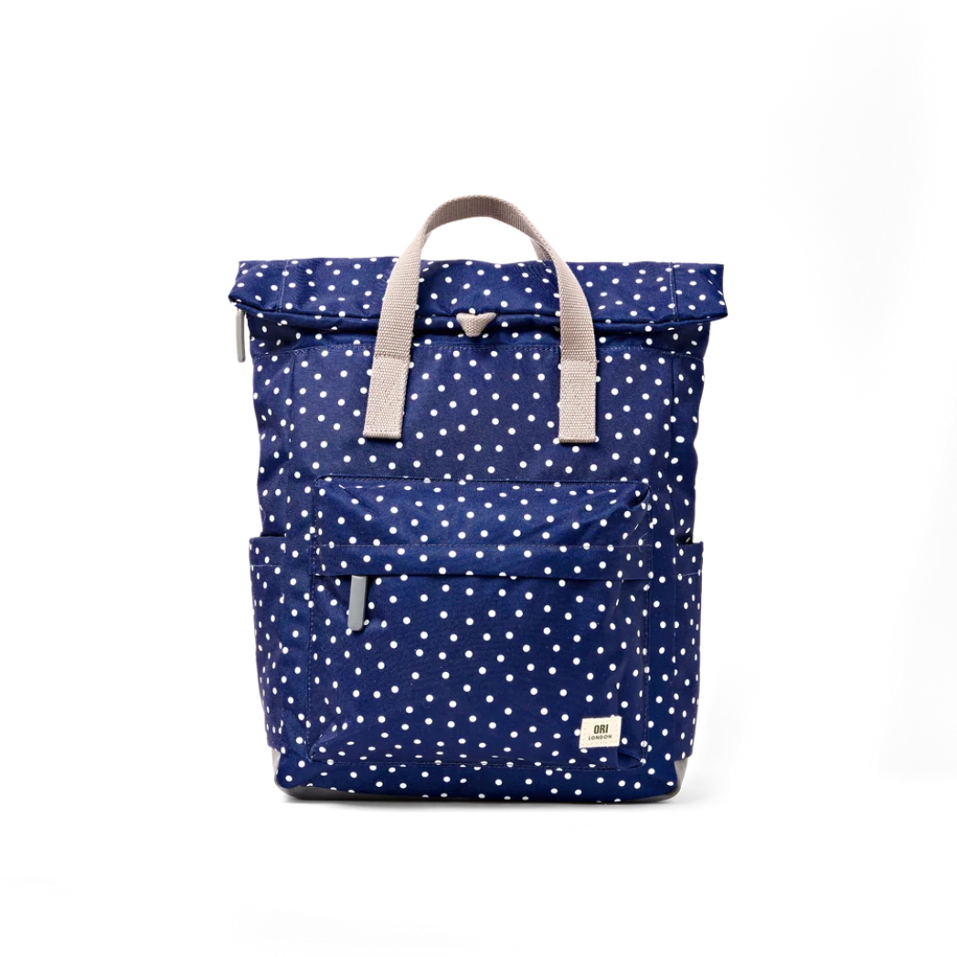Canfield Roll Top Backpack in Navy Polka Dot