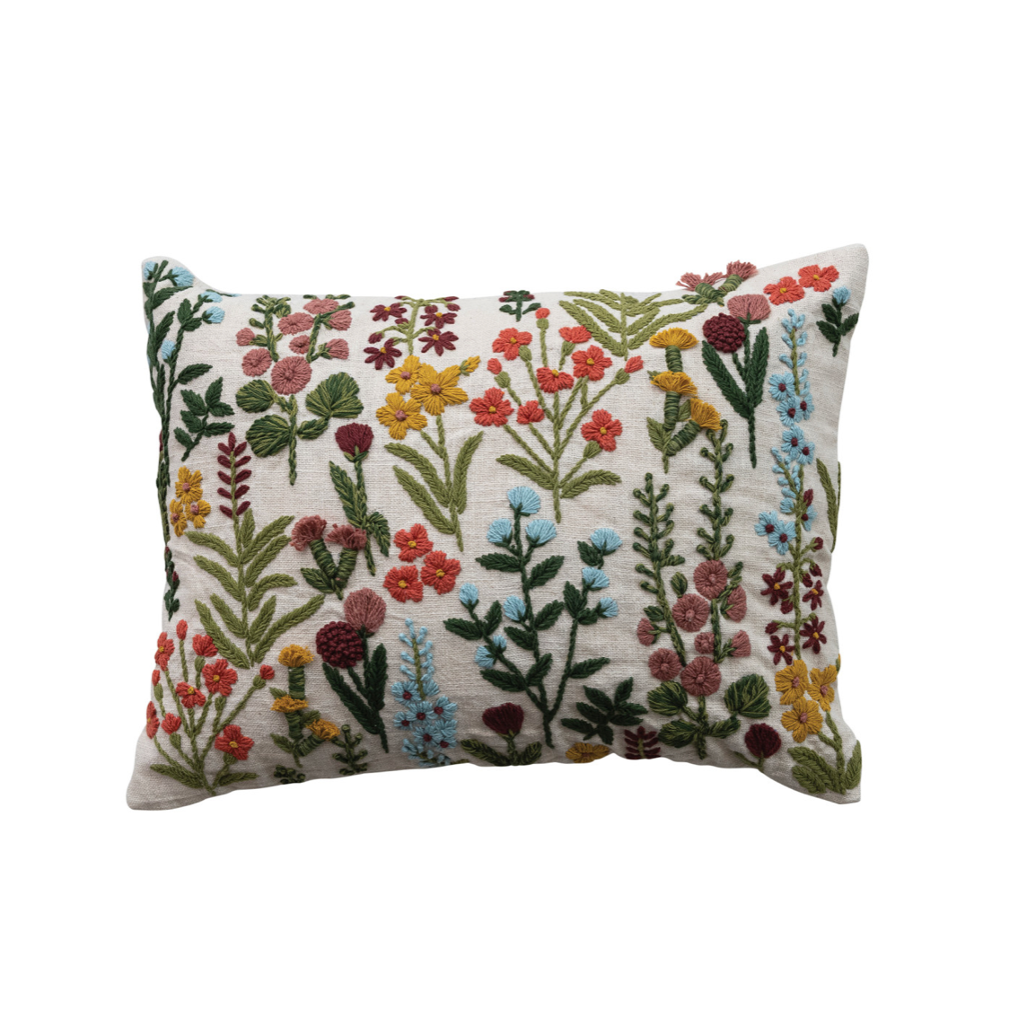 Cotton Slub Lumbar Pillow with Hand-Embroidered Flowers