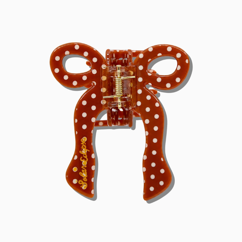 Hand-painted Coquette Bow Claw Hair Clip - Brown w/ White Polka Dots