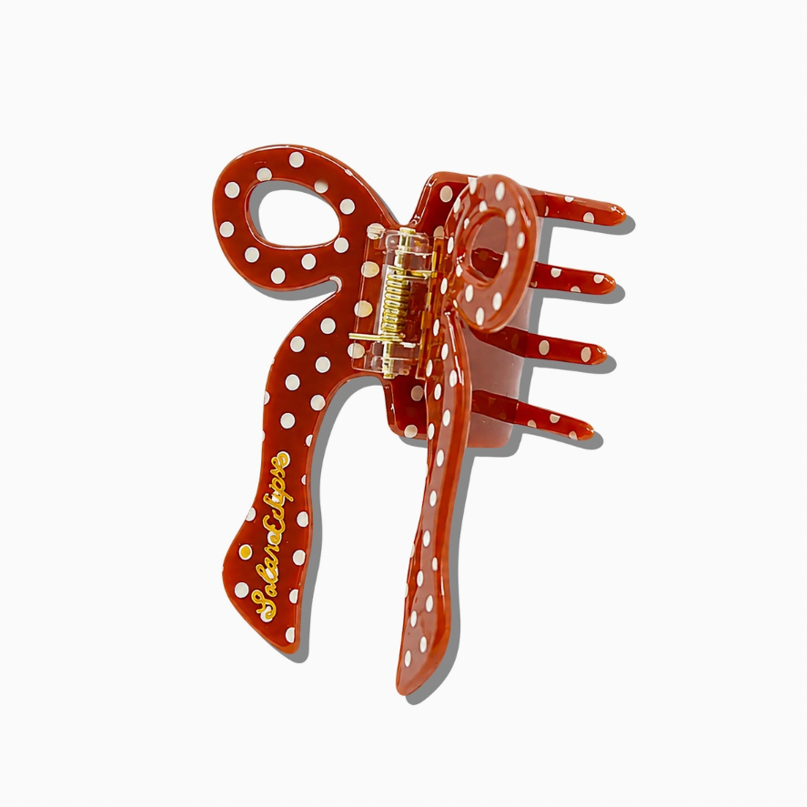 Hand-painted Coquette Bow Claw Hair Clip - Brown w/ White Polka Dots