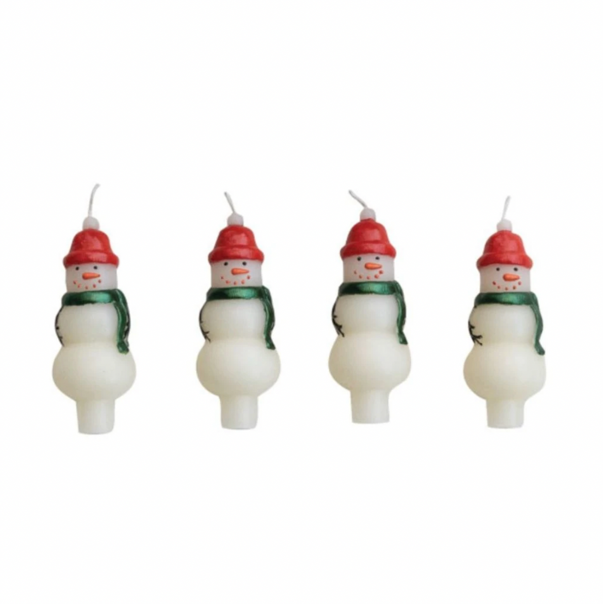 Four snowman-shaped candles with white bodies, red hats, and green scarves, arranged in a row on a plain white background.