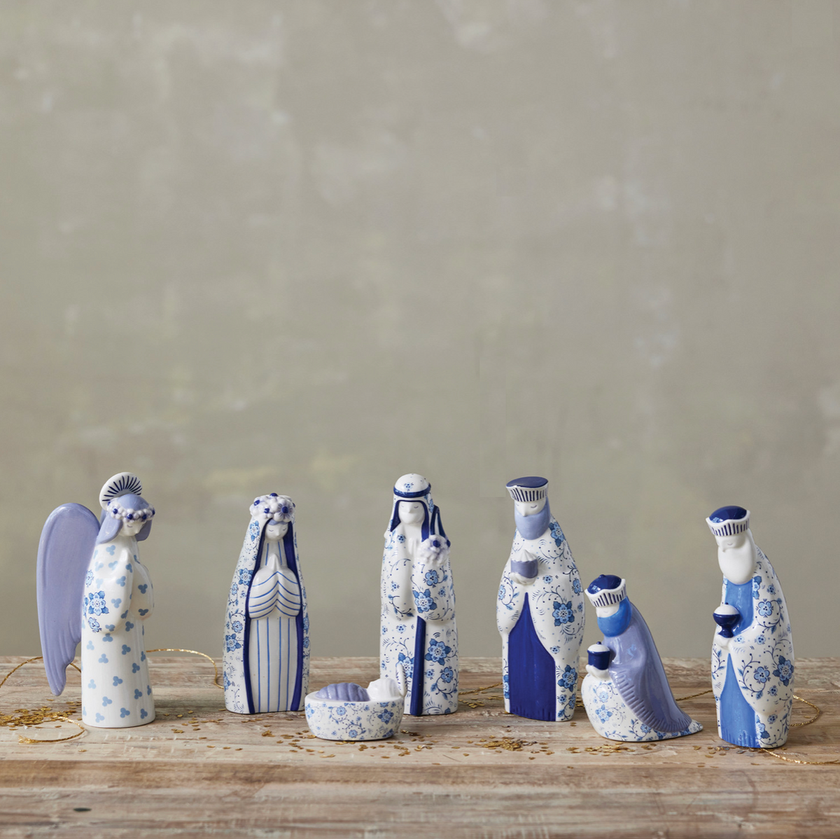 Blue Floral Ceramic Nativity Set