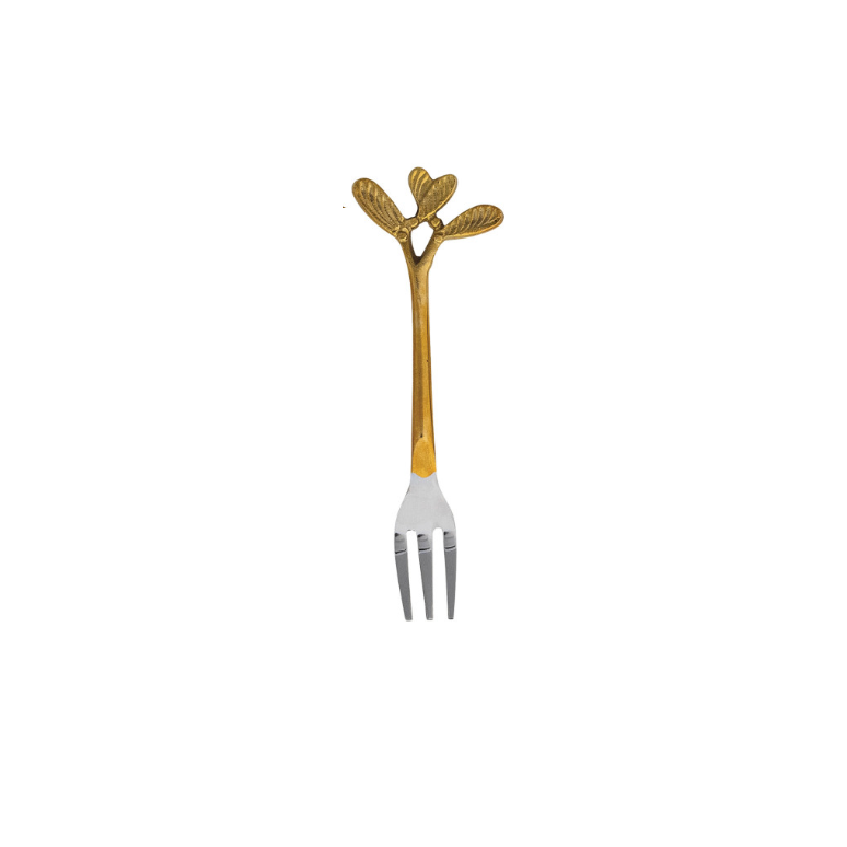 A decorative metal fork with a gold-toned stem and leaf-like top, and a silver-toned three-pronged head, centered on a plain white background.