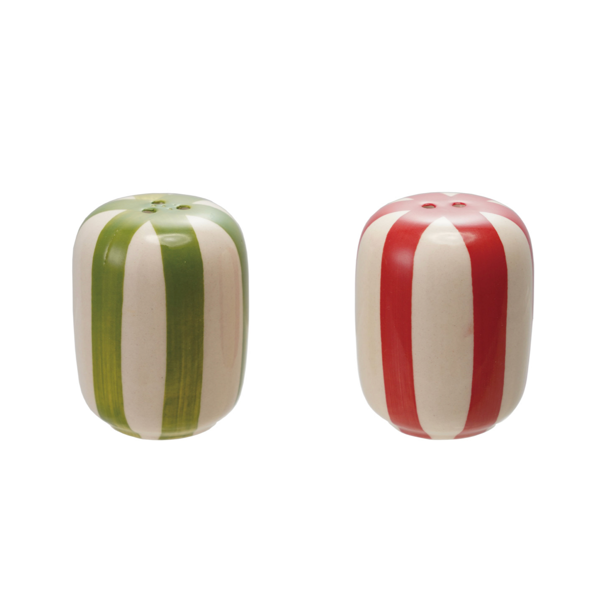 Two small cylindrical salt and pepper shakers with a glossy finish, featuring vertical stripes. One shaker has green and cream stripes, and the other has red and cream stripes, set against a plain white background.