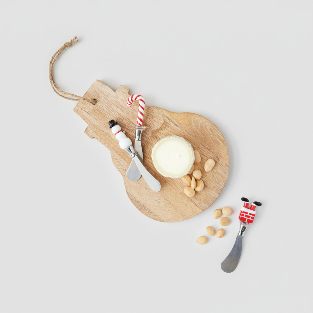 A styled flat-lay of a wooden cheese board with a round cheese wheel, two decorative cheese knives, peanuts, and candy canes on a white marble surface over printed papers.