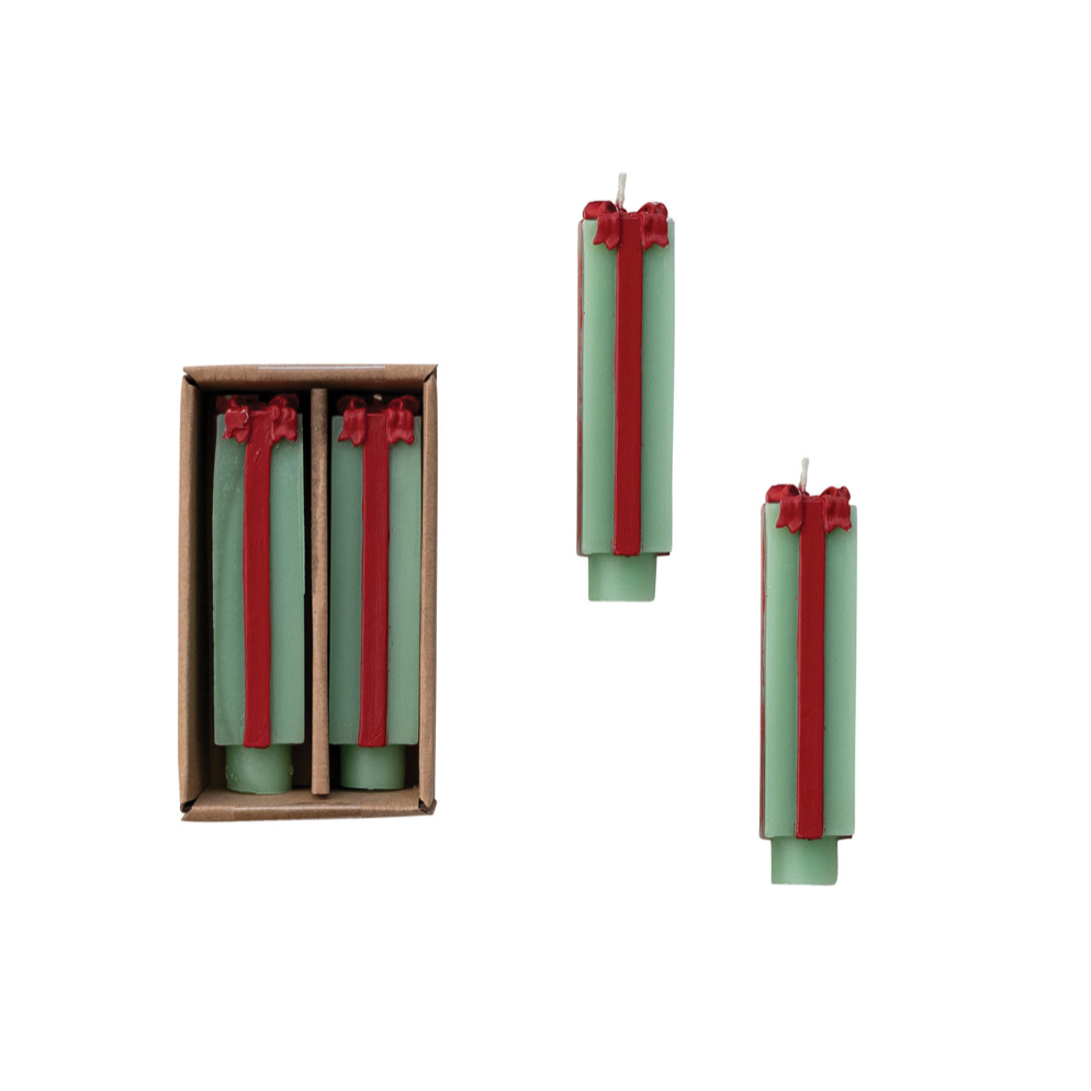 Unscented Package Shaped Taper Candles in Box in Green & Red -  5"