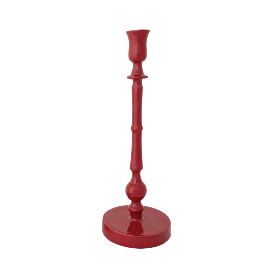 Red Enameled Cast Aluminum Taper Holders. 4-1/4" Round x 12-1/4"H