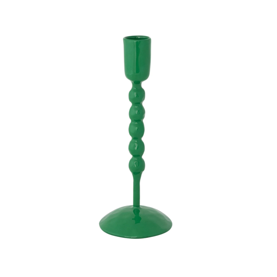 A single green ceramic candlestick holder with a flared base and a beaded stem, shown against a plain white background.