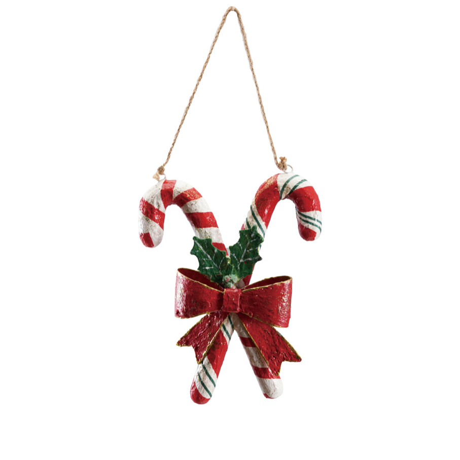 Handmade Metal & Paper Candy Cane Wall Decor with Bow & Holly Leaves
