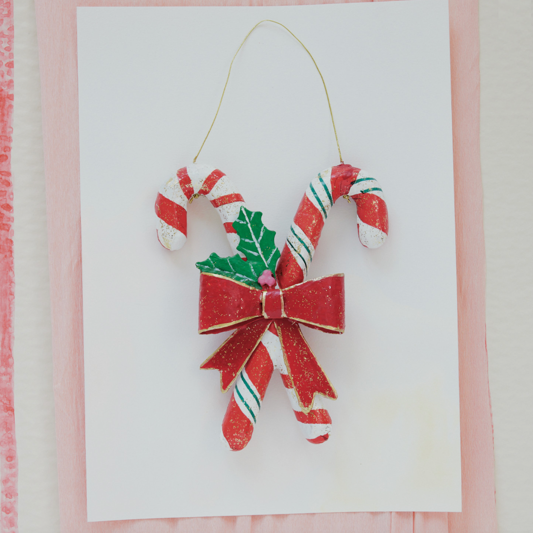 Handmade Metal & Paper Candy Cane Wall Decor with Bow & Holly Leaves