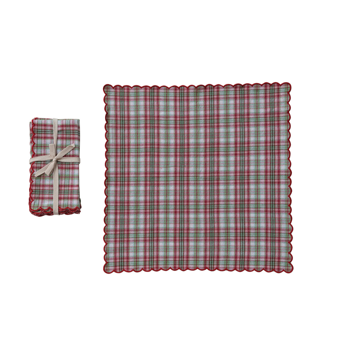 Scalloped Cotton Napkin Set - Soft Holiday Plaid