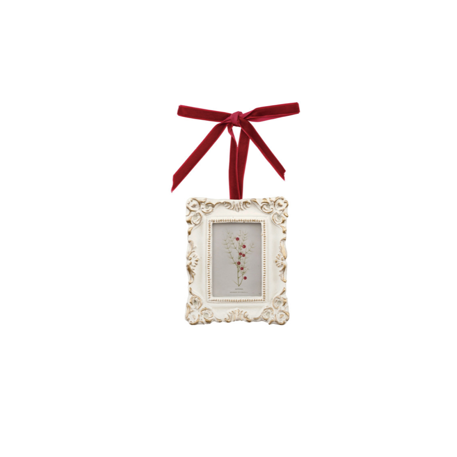 Resin  rectangular Photo Frame Ornament with Velvet Ribbon. holds 2" x 3" photo