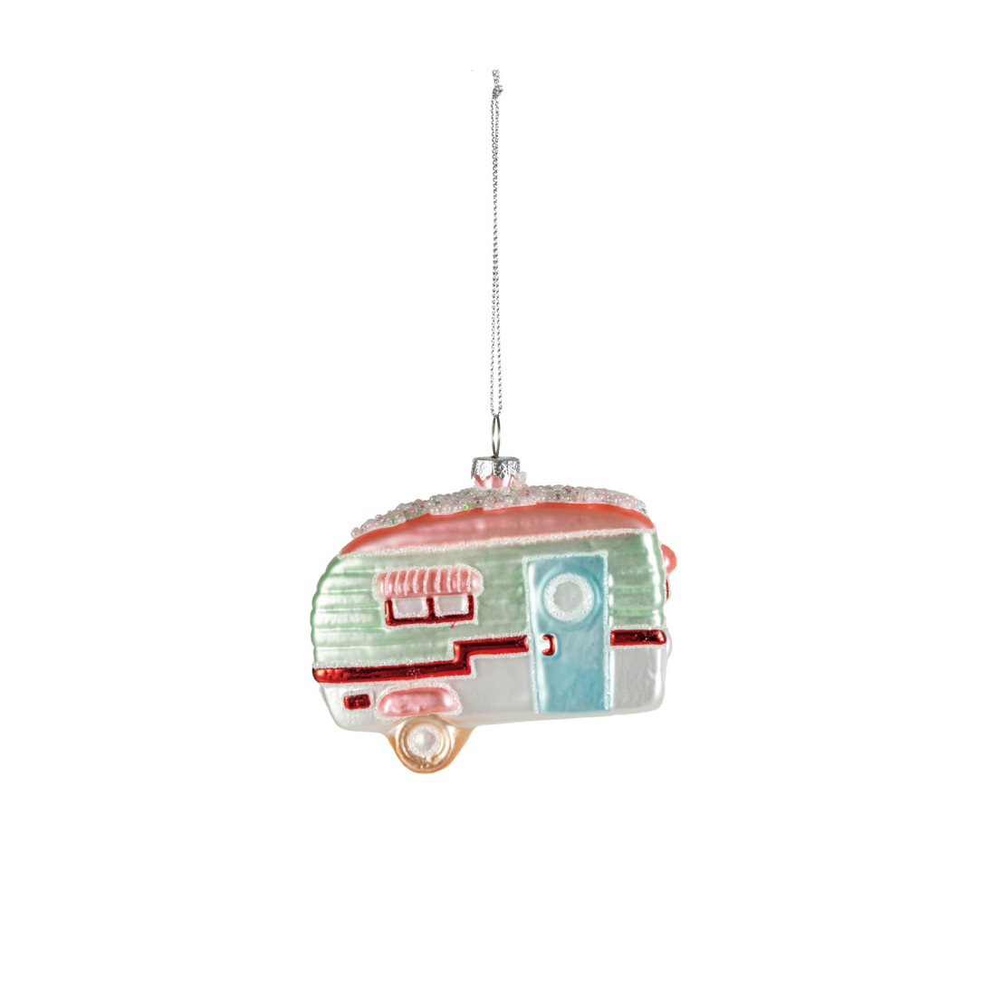 Hand-Painted Glass Camper Ornament with Glitter & Beads