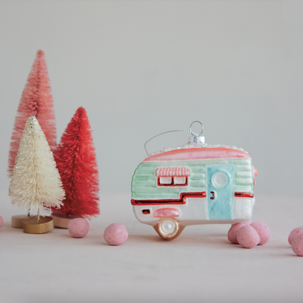 Hand-Painted Glass Camper Ornament with Glitter & Beads