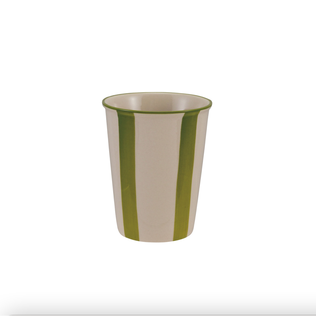 A tapered ceramic cup with vertical olive green stripes on a warm cream background, shown against a plain white background.