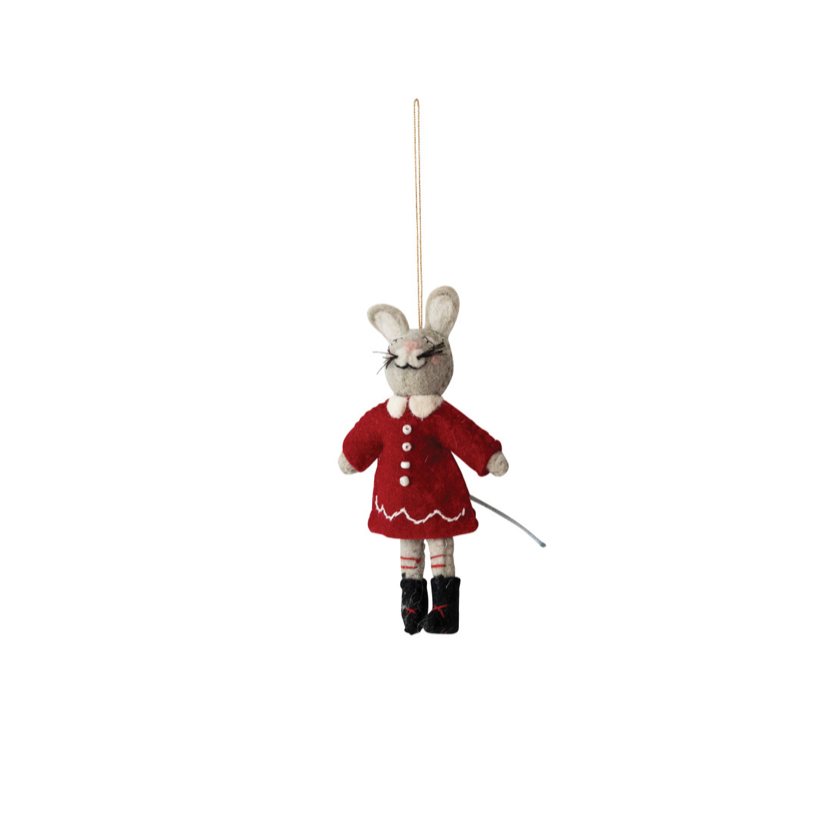 A small hanging plush or felt ornament shaped like a rabbit dressed in a red outfit with white trim, black boots, and a gray face, suspended by a thin string against a plain white background.