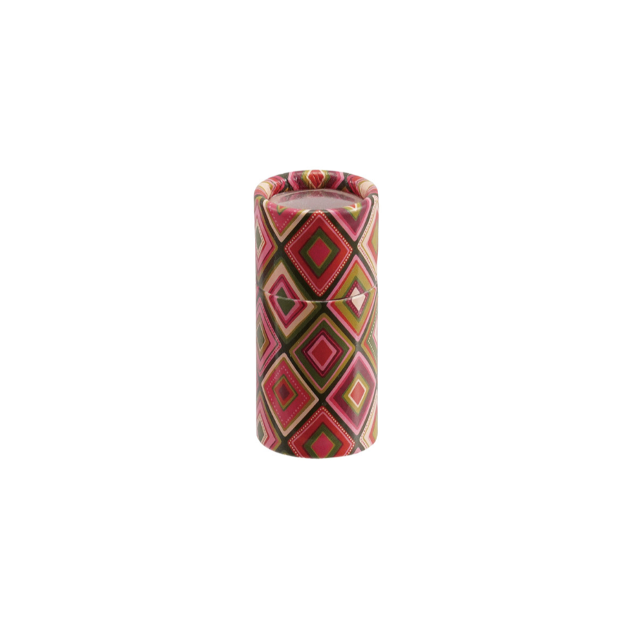 Retro Holiday Safety Matches Tube - geometric diamond pattern in red, pink, green, and brown, set against a plain white background.