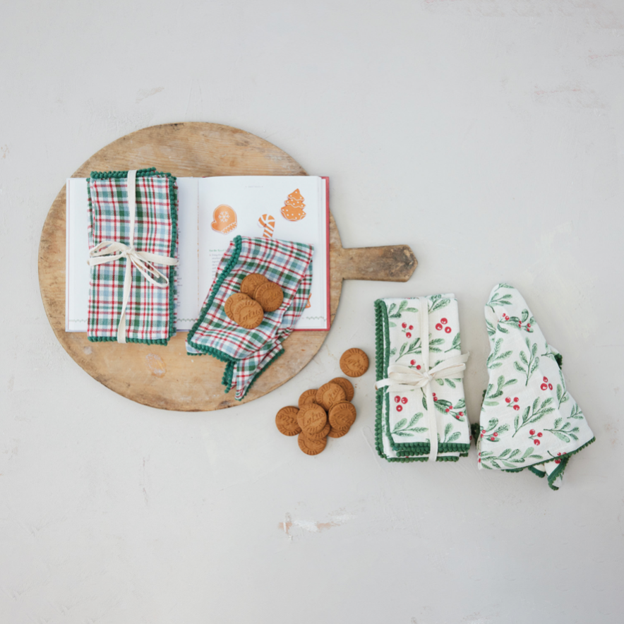 Woven Cotton Napkins with Plaid Pattern & Mini Pom Pom Trim