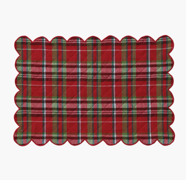 Cotton Quilted Scalloped Placement with Tartan Plaid Pattern & Stitched Edge