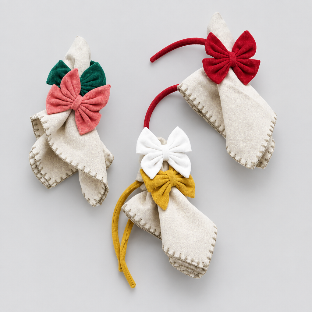 Three cream-colored fabric napkins with scalloped edges, each tied with a different colored velvet bow and attached to a matching headband, arranged on a light off-white background.